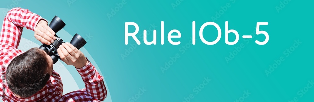 Naklejka premium Rule lOb-5. Businessman (man) looks through binoculars. Birds eye view. Focus on text. Blue Background. Business, Finance, Statistics, Analysis, Economy