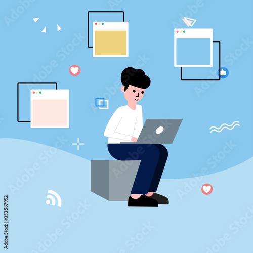 A man sitting on a chair and using laptop. freelance or studying concept. vector Illustration.
