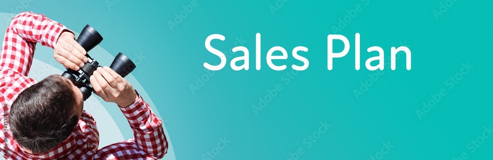 Naklejka premium Sales Plan. Businessman (man) looks through binoculars. Birds eye view. Focus on text. Blue Background. Business, Finance, Statistics, Analysis, Economy
