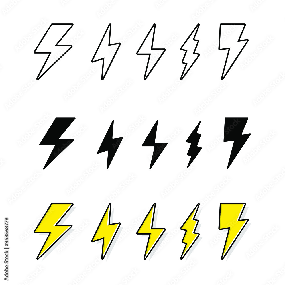 Electric lighting power set, bolt, energy charge, thunder draw. Thunderstorm warning. Powerful electricity. Thunder and bolt lighting flash icons set. Vector illustration on white background. EPS 10 Electric lighting power set, bolt, energy charge, thunder draw. Thunderstorm warning. Powerful electricity. Thunder and bolt lighting flash icons set. Vector illustration on white background. EPS 10