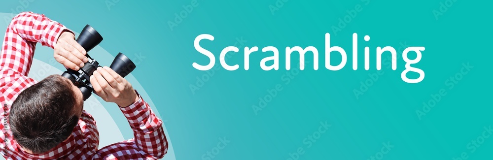 Fototapeta premium Scrambling. Businessman (man) looks through binoculars. Birds eye view. Focus on text. Blue Background. Business, Finance, Statistics, Analysis, Economy