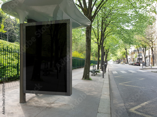 Canvas Print Bus stop billboard Mockup in empty street in Paris