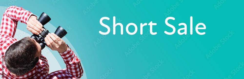 Fototapeta premium Short Sale. Businessman (man) looks through binoculars. Birds eye view. Focus on text. Blue Background. Business, Finance, Statistics, Analysis, Economy