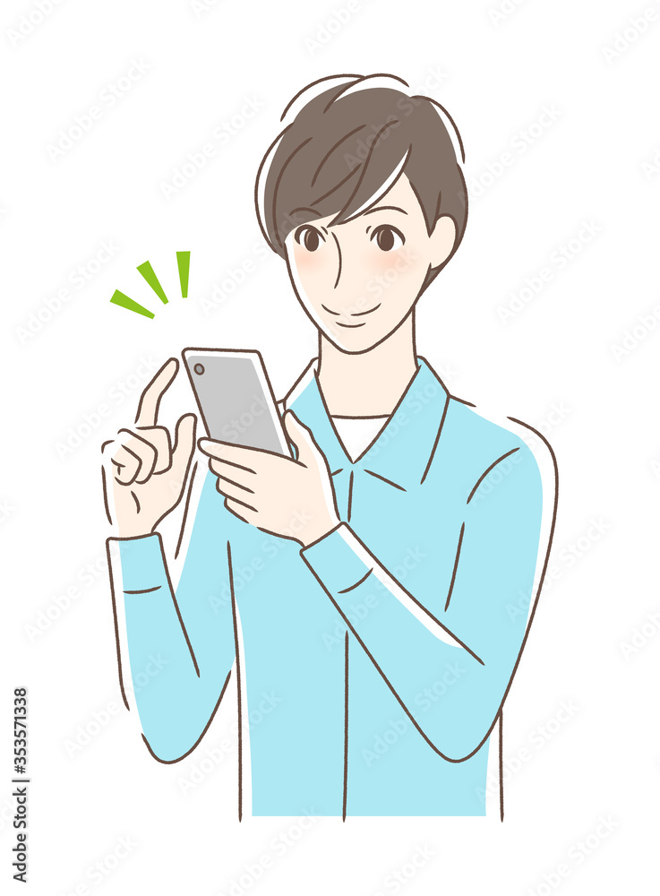スマホを操作して笑顔の男性 スマホを操作して笑顔の男性