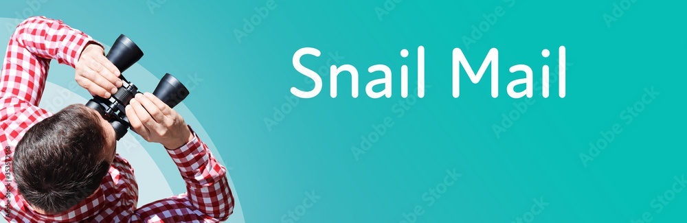 Naklejka premium Snail Mail. Businessman (man) looks through binoculars. Birds eye view. Focus on text. Blue Background. Business, Finance, Statistics, Analysis, Economy