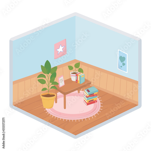sweet home table books potted plant and carpet decoration isometric isolated design © Stockgiu