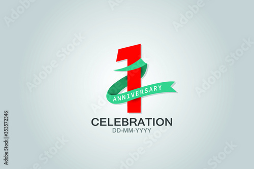 1 year anniversary blue ribbon celebration logotype. anniversary logo with Red text and Tosca Ribbons isolated on grey background, vector design for celebration, invitation vector