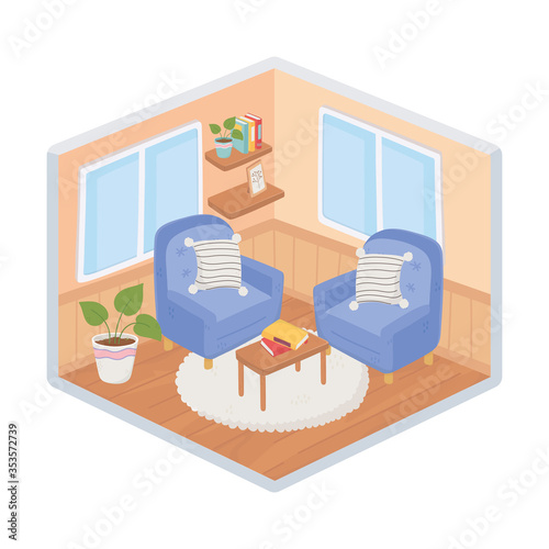 sweet home armchairs cushions table books decoration isometric isolated design