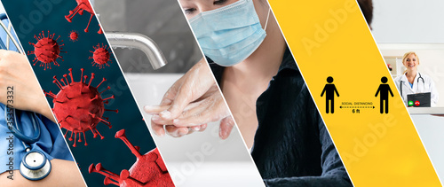 Coronavirus COVID-19 image set banner in concept of prevention information including safety precaution and doctor service to prevent spreading infection of covid-19 or 2019 Coronavirus Disease.