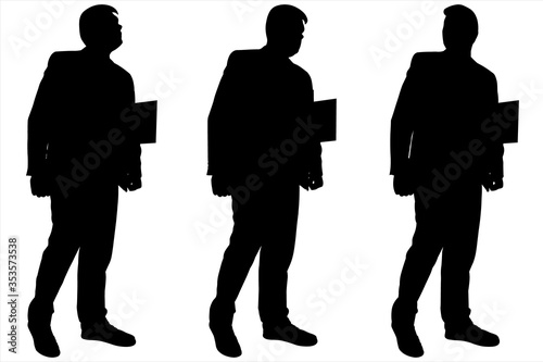 Businessman in a suit with a folder, documents, contract. Meeting with business partners. Teamwork. Three male black silhouettes isolated on a white background. School teacher. Student. College.