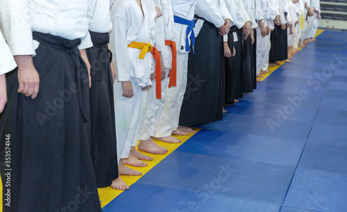 People in kimono and hakama on martial arts training