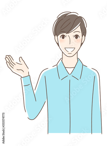 笑顔で手を差し出す正面向きの男性
