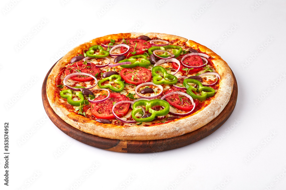 Italian food traditional cuisine, Pizza vegetables, on wooden board isolated on white background Italian food traditional cuisine, Pizza vegetables, on wooden board isolated on white background