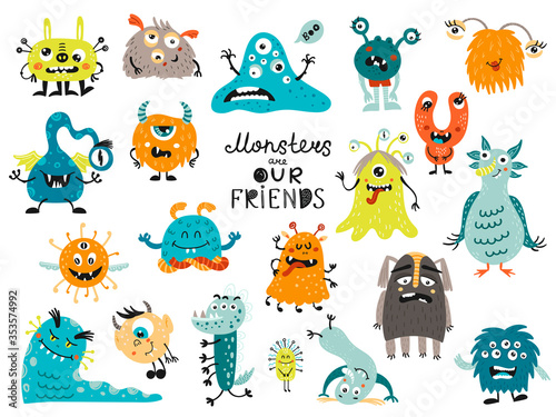 Big set of monsters. Isolated elements for stickers, cards, invites and posters