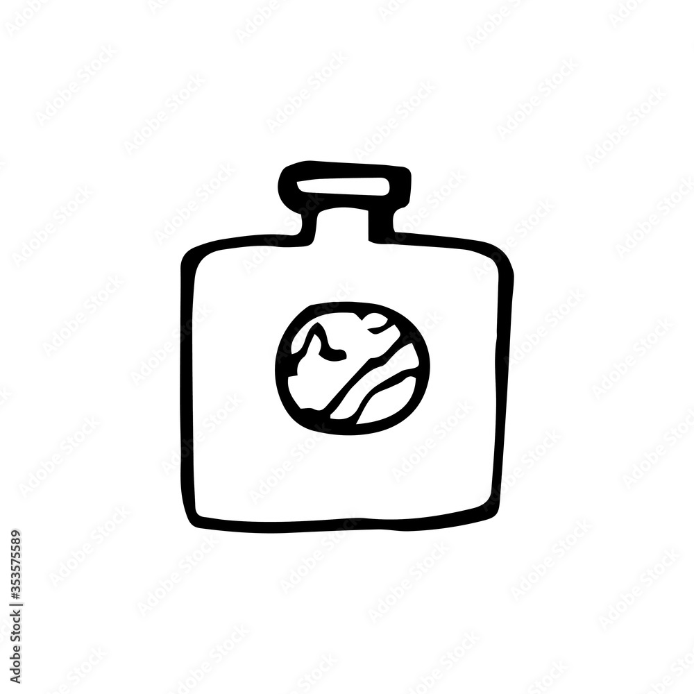 Flask. Vessel for drinking. Jar with alcohol for hiking or camping. Bottle for hunters and fishermen.Vector illustration in doodle style, isolate on a white background. Flask. Vessel for drinking. Jar with alcohol for hiking or camping. Bottle for hunters and fishermen.Vector illustration in doodle style, isolate on a white background.