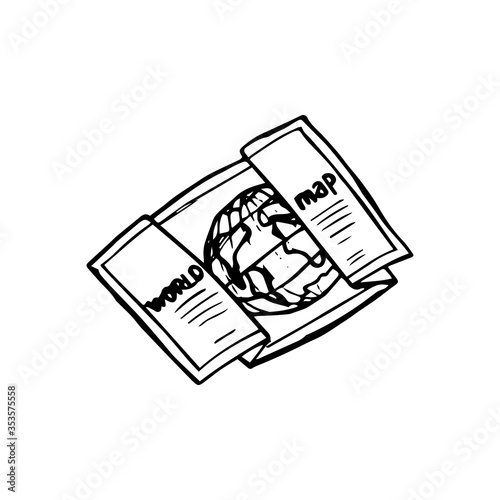Map of the world, drawn by hand. Equipment for travel and tourism. Navigation for tourists.Vector illustration in doodle style, isolated object on a white background