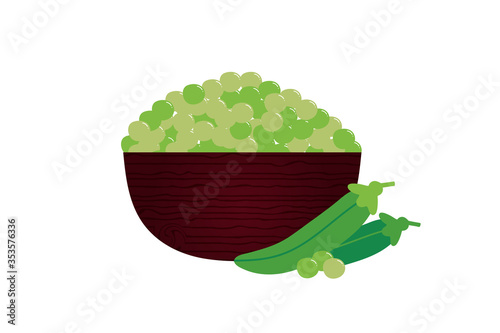 Wooden bowl full of green peas vector cartoon style illustration.
