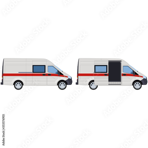 White van with a red stripe, set. Concept for 911 service, ambulance, emergency service. Vector illustration.