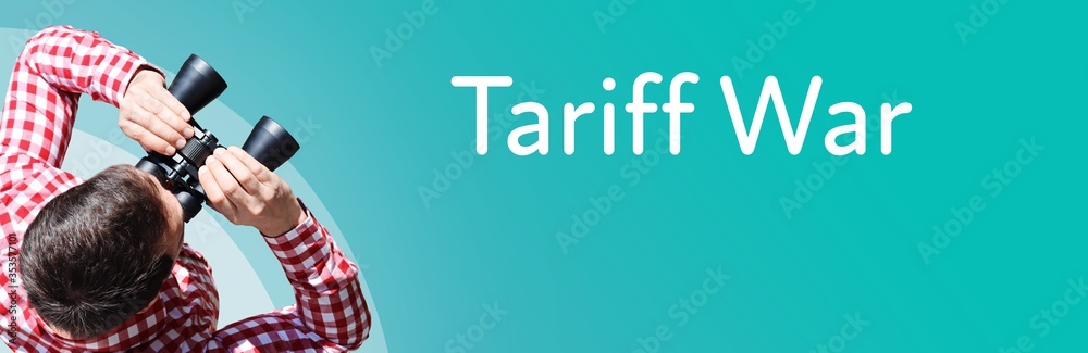 Naklejka premium Tariff War. Businessman (man) looks through binoculars. Birds eye view. Focus on text. Blue Background. Business, Finance, Statistics, Analysis, Economy
