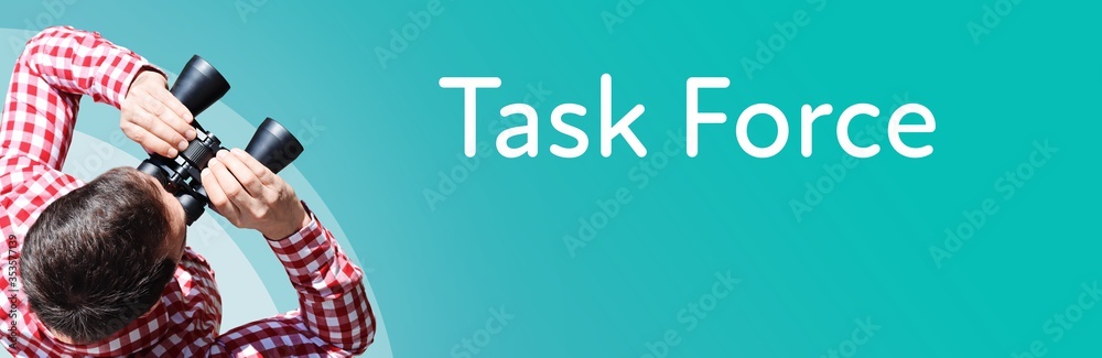 Fototapeta premium Task Force. Businessman (man) looks through binoculars. Birds eye view. Focus on text. Blue Background. Business, Finance, Statistics, Analysis, Economy