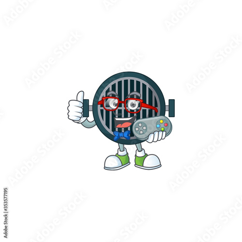 Cartoon mascot design of grill play a game with controller