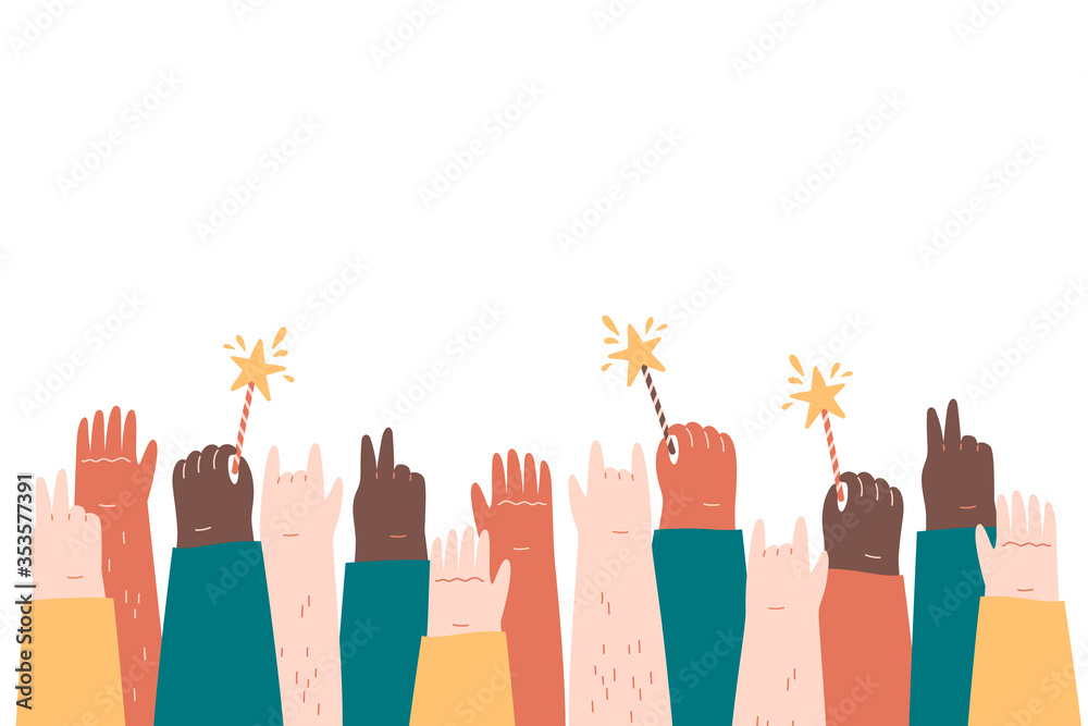 Different skin tone hands up in the air on white background with space ...