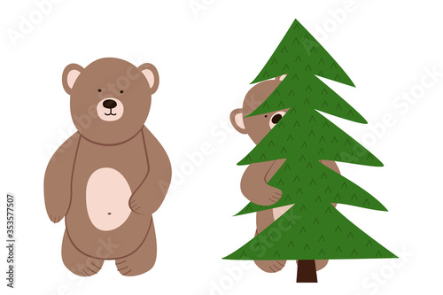 Two funny little bear vector. Bear cub hiding peeks out from behind the tree.