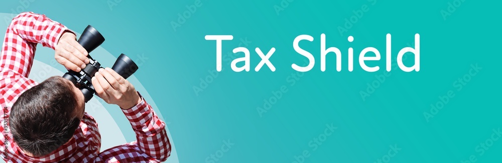 Naklejka premium Tax Shield. Businessman (man) looks through binoculars. Birds eye view. Focus on text. Blue Background. Business, Finance, Statistics, Analysis, Economy