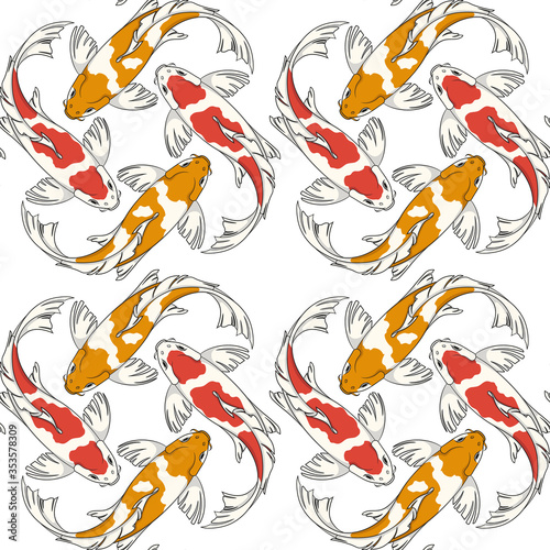 Seamless pattern with red and orange koi fish carps. Colored vector background.