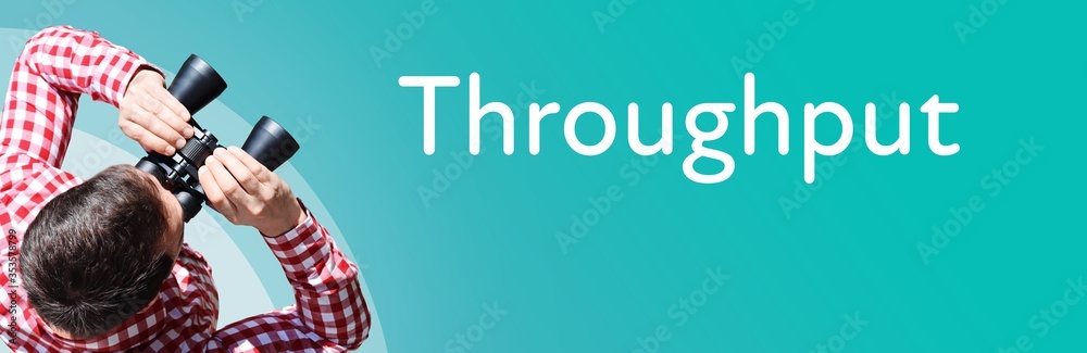 Naklejka premium Throughput. Businessman (man) looks through binoculars. Birds eye view. Focus on text. Blue Background. Business, Finance, Statistics, Analysis, Economy