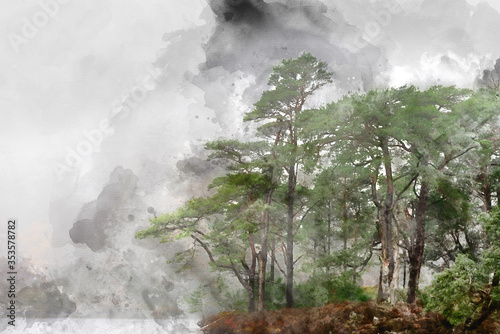 Digital watercolour painting of Beautiful mody Autumn Fall landscape of woodland and lake with mist fog during early morning