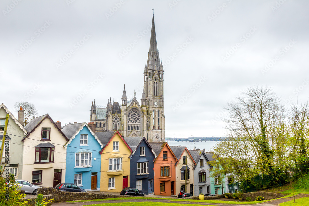 Cathedral  and colored houses in Cobh, Ireland