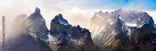 A panorama of Los Cuernos range in Torres del Paine national park, Patagonia, Chile.