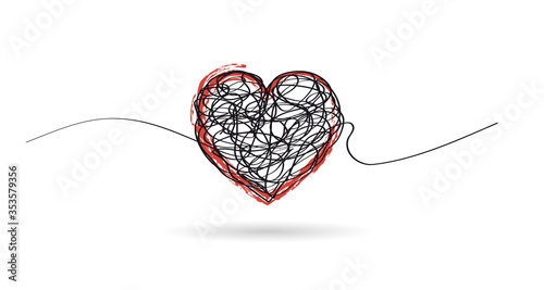 Vector logo scribble of a wool clew, heart shape. Complicated love concept