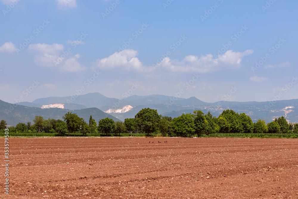 Plowed field. Field prepared for crops. Spring time in nord Italy