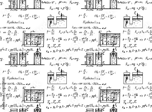 Hydraulics. Fluid law theory and  mathematical formula.  Physics   equation, doodle handwriting icon in whiteboard background with hand drawn model, vector. Vintage seamless pattern.