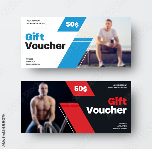 Layout of a vector voucher with a photo of an athlete, with a special offer, black and white gift card on the theme of sports, nutrition.