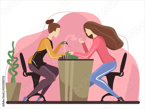 At manicure salon. Manicurist doing procedure with nail polish. Woman at manicure salon. Beauty salon. Cartoon flat vector illustration. Nails and beauty. Nails bar. Gel laque. Gel polish. Girl nails