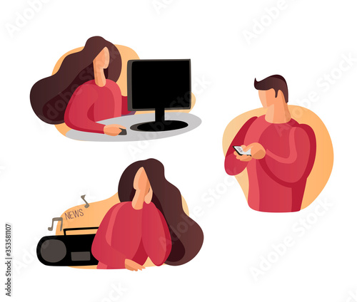 Read news, watch news home. Watch info in phone or pc. Listen to music. Reading, watching, listening. Screen, display. Flat vector illustration set. smartphone. Hot news. Man reading news. Woman read