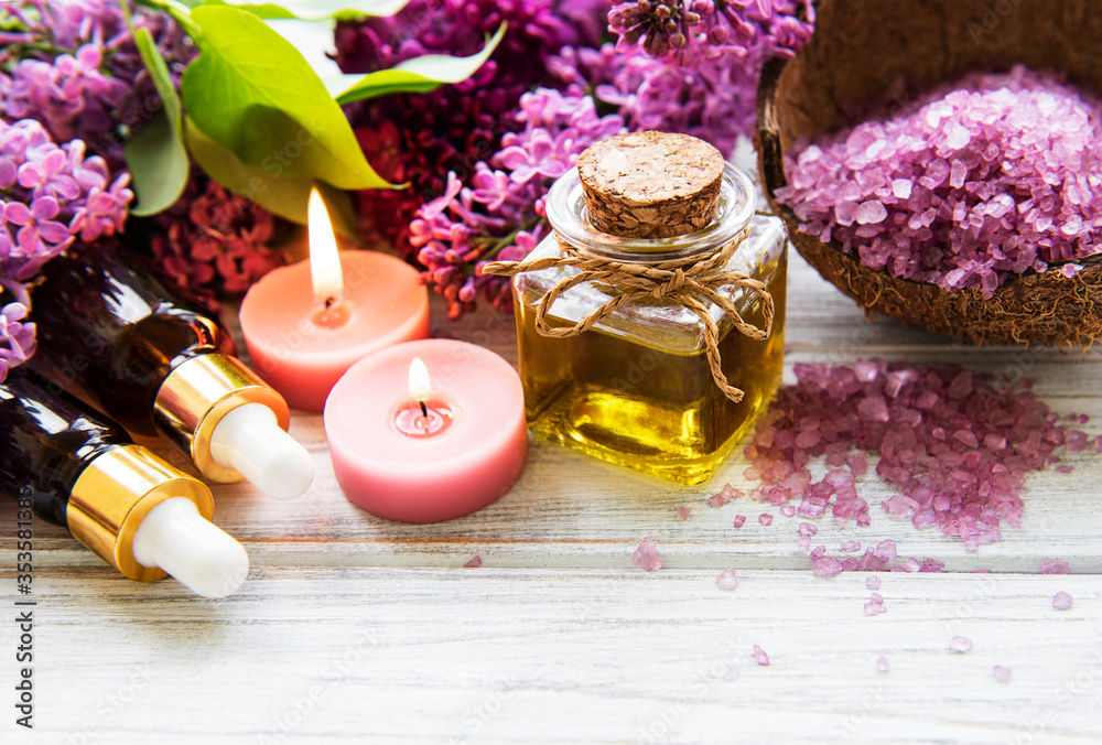 Spa setting with lilac flowers Spa setting with lilac flowers