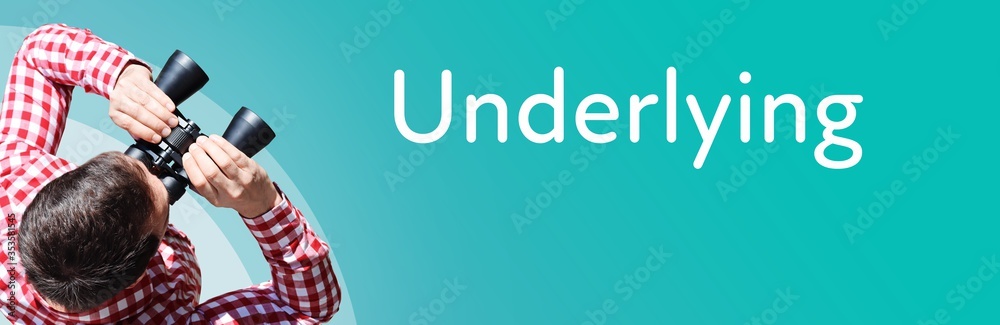 Naklejka premium Underlying. Businessman (man) looks through binoculars. Birds eye view. Focus on text. Blue Background. Business, Finance, Statistics, Analysis, Economy