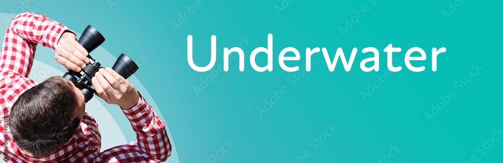Naklejka premium Underwater. Businessman (man) looks through binoculars. Birds eye view. Focus on text. Blue Background. Business, Finance, Statistics, Analysis, Economy