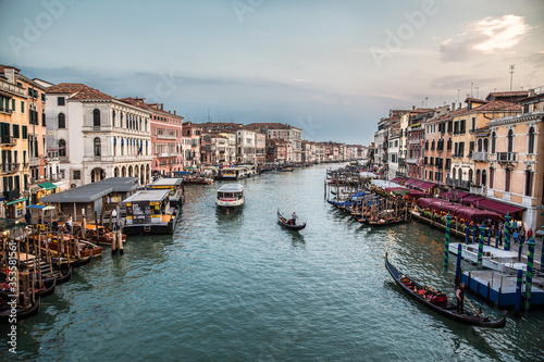 View of the Canal Grande from famous Rialto Bridge at sunset, Venice, Italy