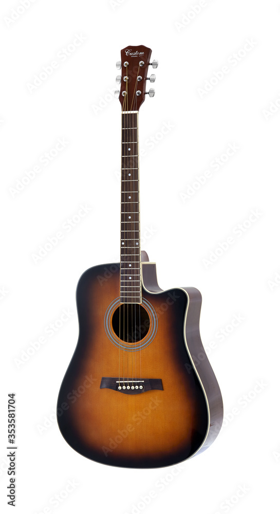 Sunburst Acoustic Folk Guitar, Music Instrument Isolated on White background