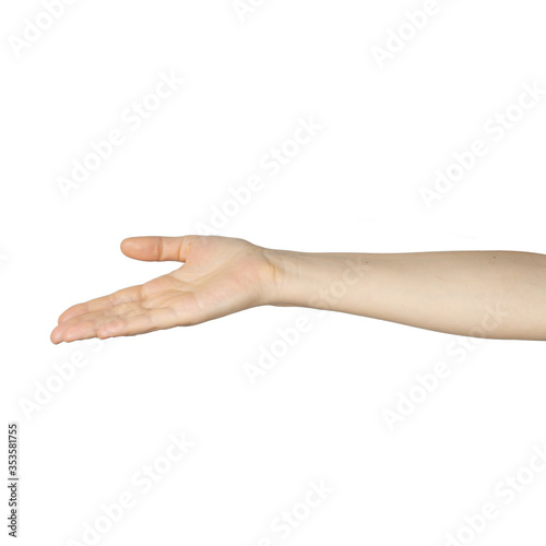 asking female hand outstretched to someone, isolated on white background
