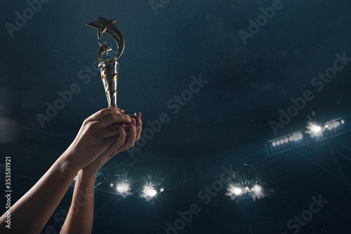 Proud and strong. Award of victory, male hands tightening the golden cup of winners against cloudy dark sky. Sport, competition, championship, winning, achieving the goal. Prize for success and honor. © master1305