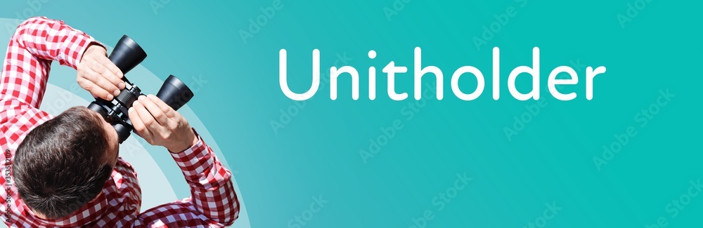 Fototapeta premium Unitholder. Businessman (man) looks through binoculars. Birds eye view. Focus on text. Blue Background. Business, Finance, Statistics, Analysis, Economy