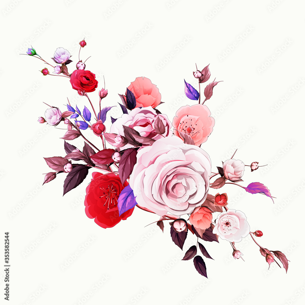 Fototapeta premium Bouquet of flowers. Sakura with branch and leaves. Isolated illustration on white. Hand drawn. Vector - stock.