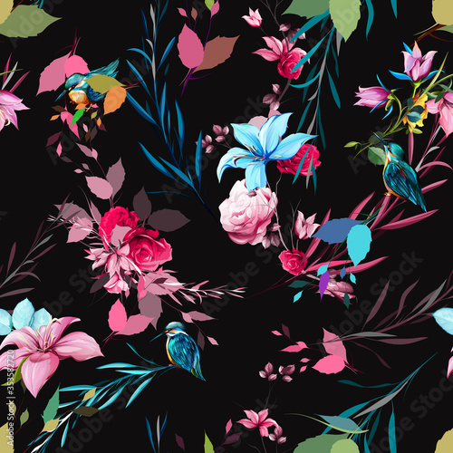 Seamless bright floral background pattern. Abstract flowers, roses, branches with leaves, birds on black. Pattern for textile, fabric and other prints purpose. Hand drawn artwork, vector wallpaper. 