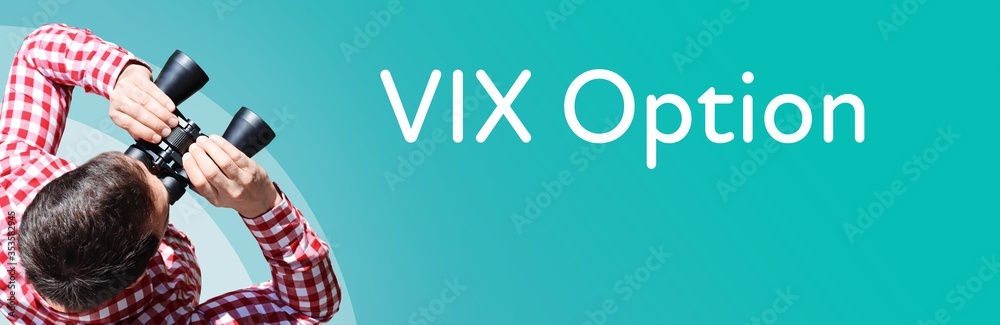 Fototapeta premium VIX Option. Businessman (man) looks through binoculars. Birds eye view. Focus on text. Blue Background. Business, Finance, Statistics, Analysis, Economy